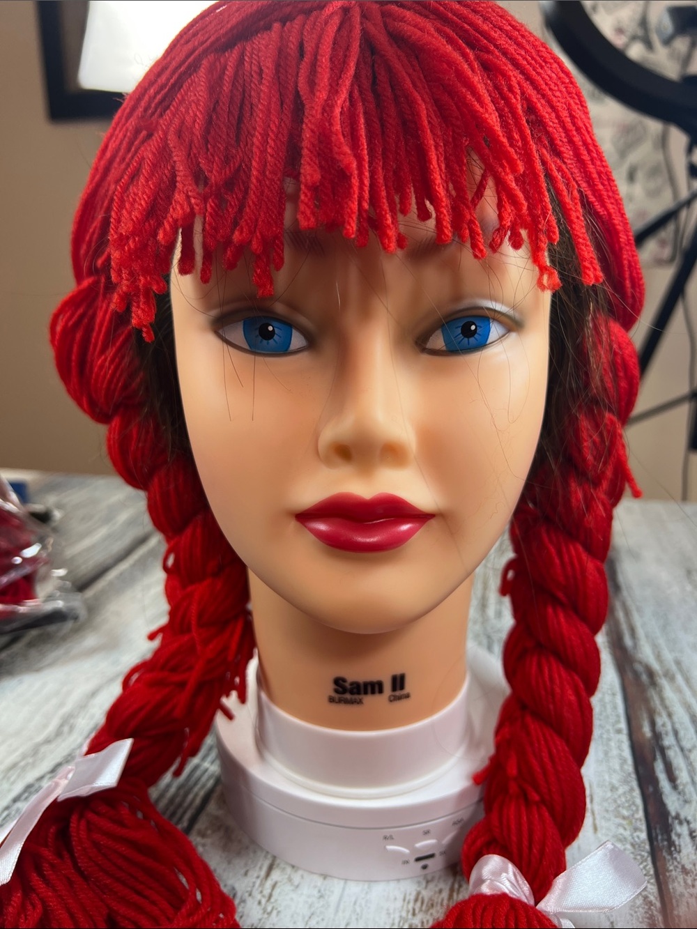 Braided Rag Doll Red Yarn Wig Costume Wig with Pigtail Braids & Bangs